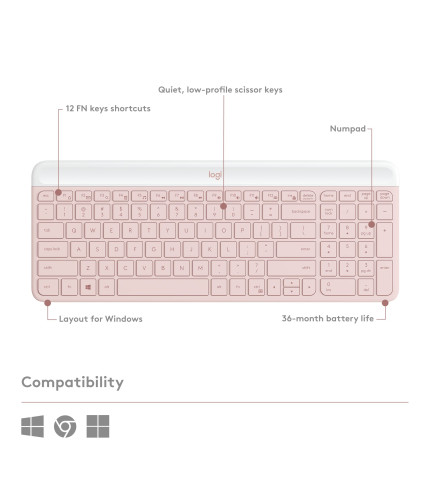 Logitech MK470 Slim Wireless Keyboard and Mouse Combo - Modern Compact Layout, Ultra Quiet, 2.4 GHz USB Receiver, Plug n' Play Connectivity, Compatible with Windows - Rose 