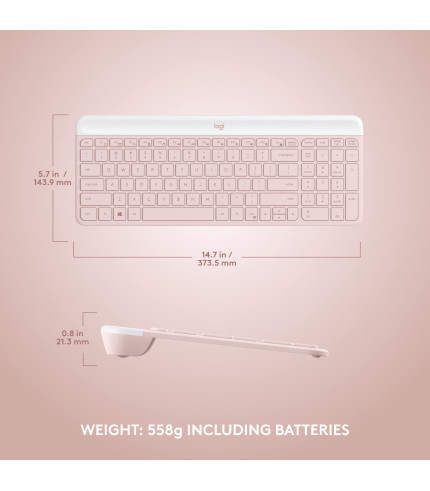 Logitech MK470 Slim Wireless Keyboard and Mouse Combo - Modern Compact Layout, Ultra Quiet, 2.4 GHz USB Receiver, Plug n' Play Connectivity, Compatible with Windows - Rose 