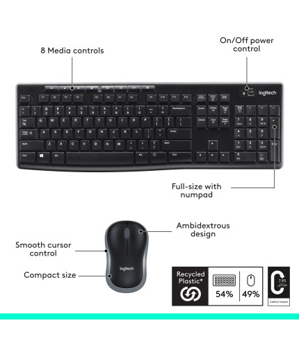 Logitech MK270 Wireless Keyboard And Mouse Combo For Windows, 2.4 GHz Wireless, Compact Mouse, 8 Multimedia And Shortcut Keys, For PC, Laptop - Black 